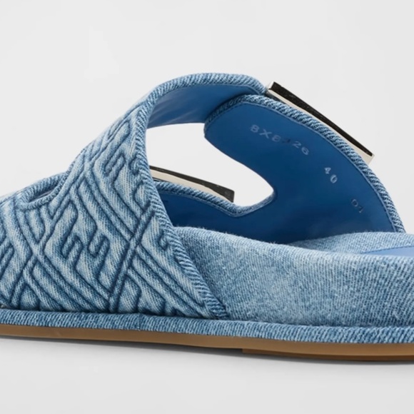 Fendi FF Embroidered Denim Dual Buckle Slide Sandals - Picture 2 of 6